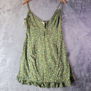 Sky to Moon Olive Green Paisley Floral Smocked Mini Dress Ruffle Hem Size L